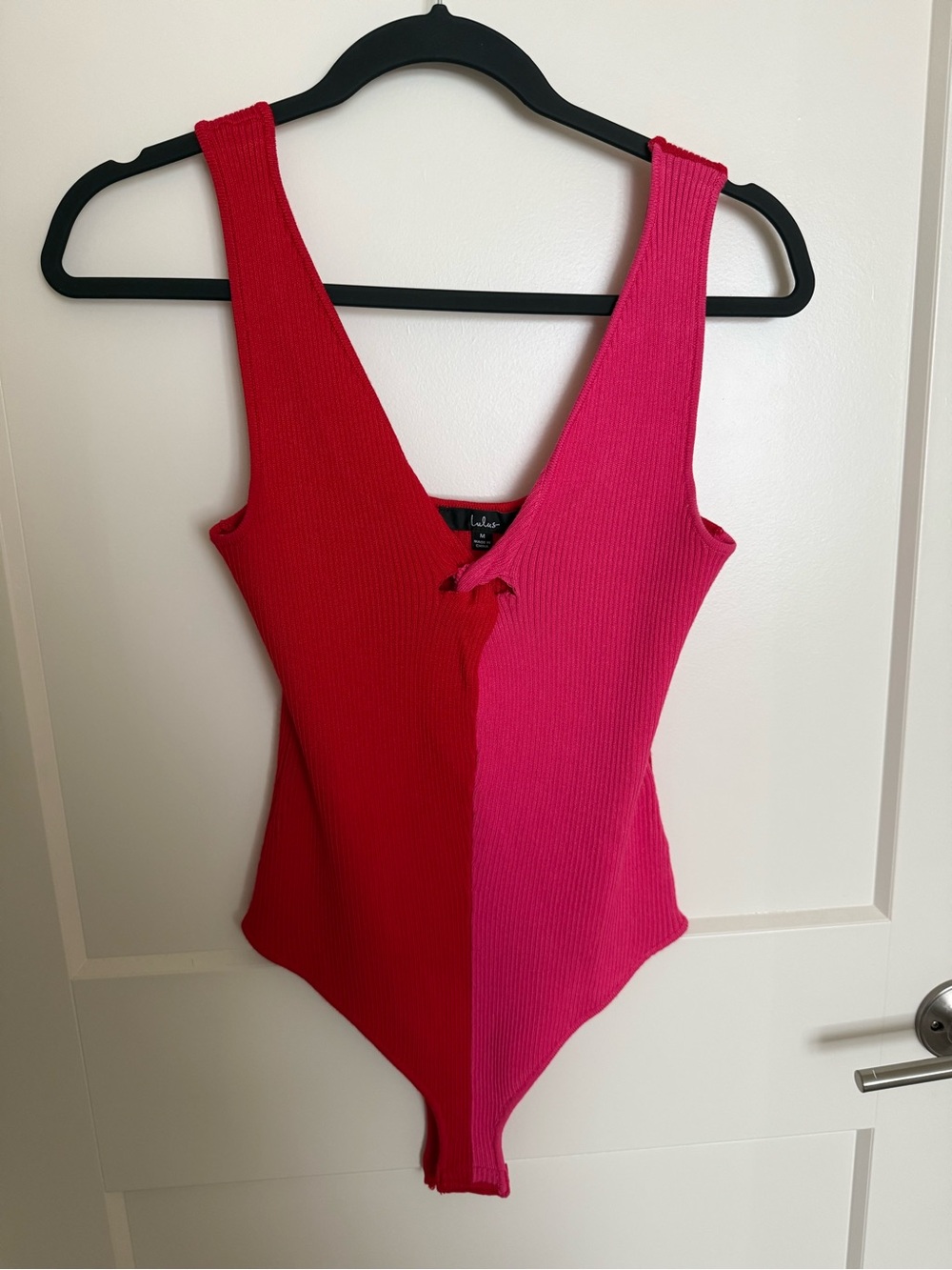 Lulu's Two-Tone Pink & Red Ribbed Bodysuit